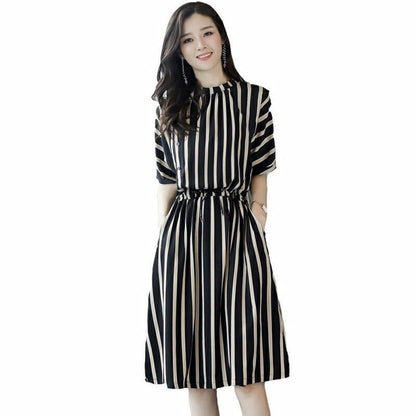 All-match Thin High Waist Skirt Temperament Lady Dress with Pockets In The Long Striped High Waist Dress Thin Elegant Round Neck Retro
