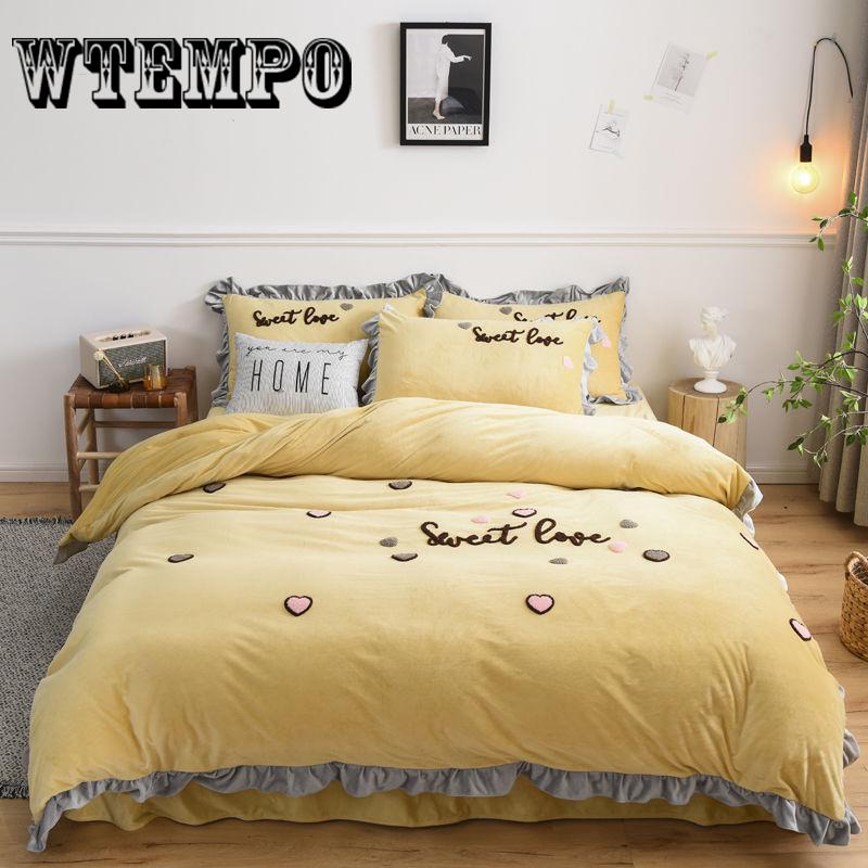 WTEMPO Winter Bedding Sets Pink Heart Duvet Cover Flannel Fleece Pillowcases 4Pcs Home Bed Linens