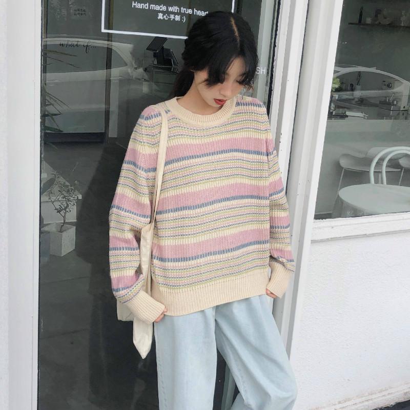 Pofulove Turtleneck Crew Neck Autumn Winter College Style Loose Long-sleeved Strip Sweater Pullover