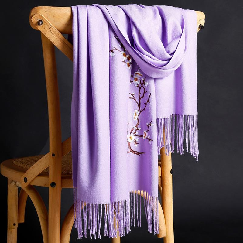 Winter Solid Color Imitation Cashmere Embroidered Scarf Mid-length Ladies Ethnic Style Tassel Shawl Warm Scarf Fabric Soft
