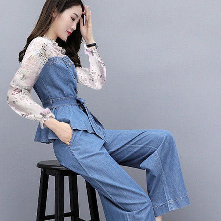Suit Denim Wide Leg Pants Suit Women Autumn Two-piece Autumn 2021