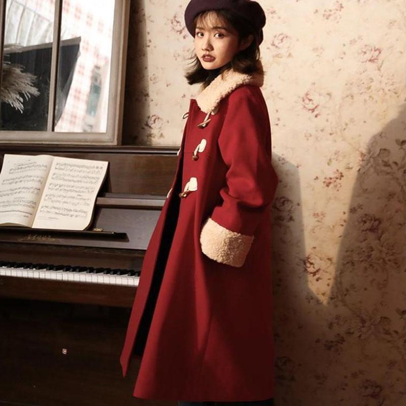 Autumn and Winter Woolen Coat Dark Red Horn Button Lamb Wool Thick Woolen Coat Women's Mid-length Stand-up Collar Woolen Coat