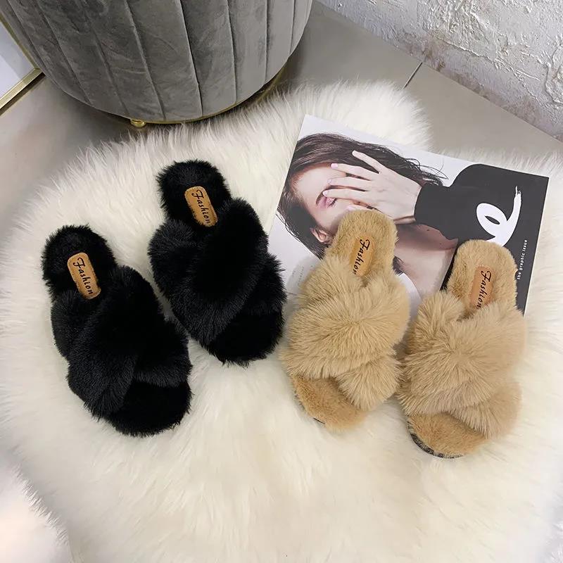 Women's Fluffy Slippers for Autumn and Winter Outer Wear Flat All-match Shoes