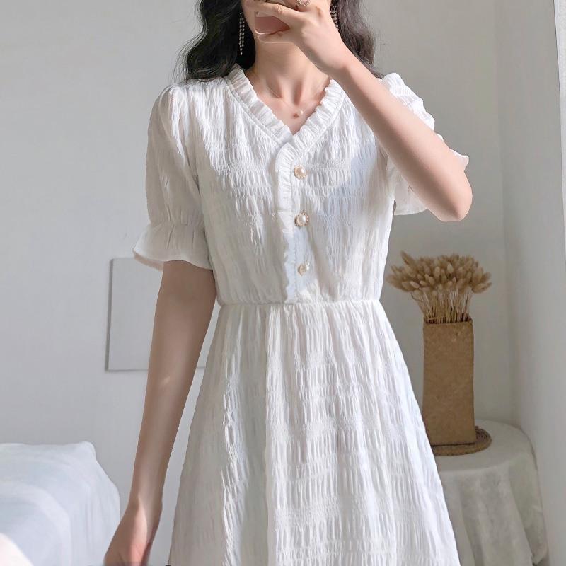 Summer French Retro Temperament Small Fragrance White Dress Chiffon White Dress V-neck Short-sleeved A-line Dress Sweet and Cute