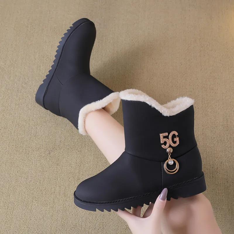 Women's Boots 2021 Winter Plush Nubuck Leather Sleeve Fashion Wedge Heel Faux Plush Warm Comfortable
