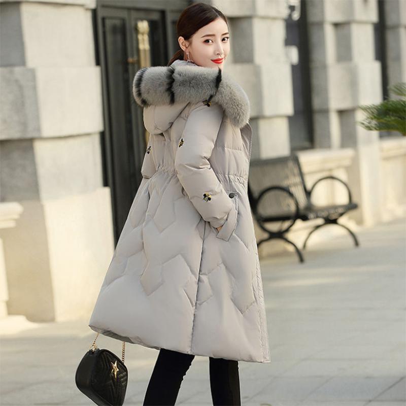 Women's Solid Color Embroidered Down Jacket Mid-length Korean Style Loose Thick Coat Warm Cotton Coat Large Fur Collar Winter Quilted Jacket