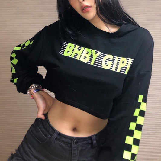 Solid Color Cotton Plaid Print Short Sports Sweater Women's High Waist Casual Fashion Top