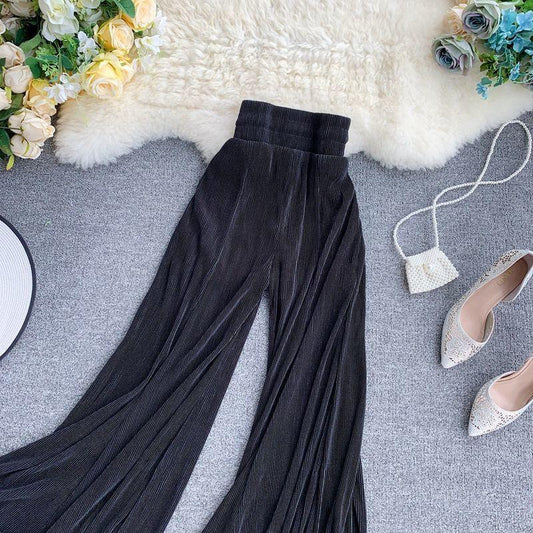 Women's Summer Wide-leg Pants Ruffled Fishtail Flared Pants Stretch Waist Pleated Air Conditioning Pants Trousers