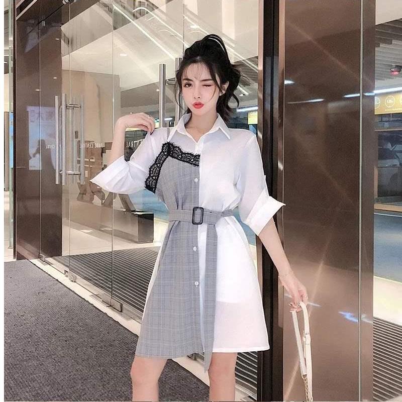 Women Shirt Dress Summer  Female Plus Size Slim Lace Plaid Stitching Midi Dress Elegant Dress with Sashes