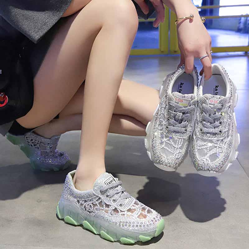 Plus Size 35-39 Summer Women Mesh Sneakers Breathable Running Basketball Shoes Students Shockproof Non-slip Rhinestone Crystal Shoes