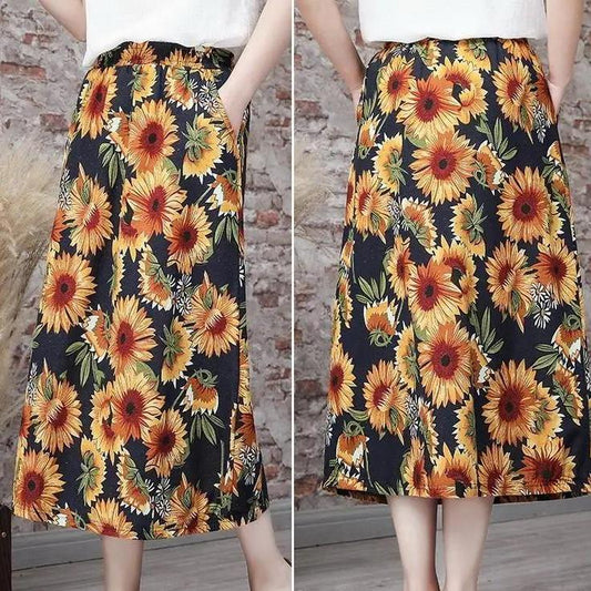 Women Summer Large Size Printed Lantern Skirt In Spring and Summer Loose High Waist A-line Vintage Elastic Casual Long Skirt