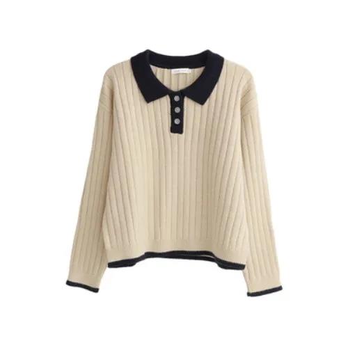Women's Vertical Striped Solid Color Lapel Pullover Sweater Casual Loose Large Size Mid Length Knit Sweater