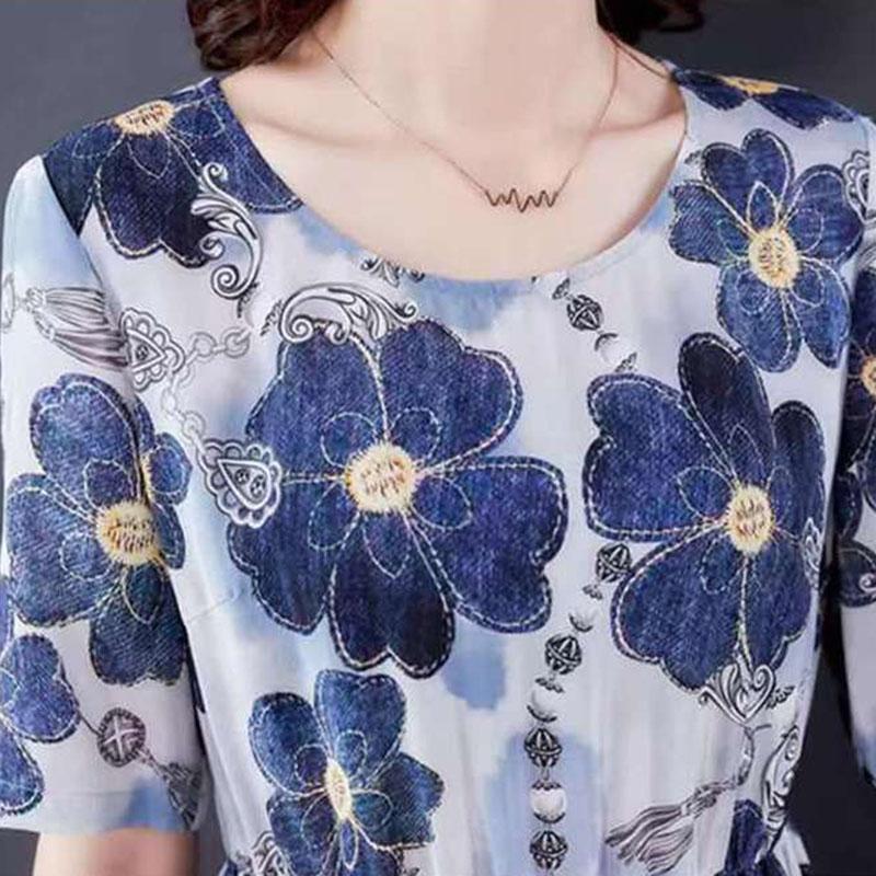 Women's Slim A-line Skirt Summer Short Sleeve Mid Length Floral Large Size Dress