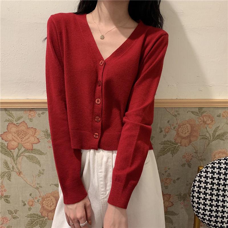 Spring and Autumn Style V-neck Cardigan Short Long Sleeve Top Jacket Thin Sweater Knitwear Women's Trend