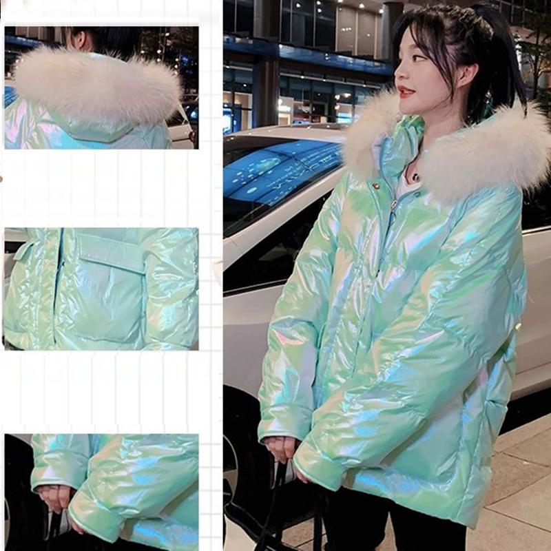 Women's Glossy Loose Down Jacket Mid-length Korean Thick Coat Warm Cotton Coat with Big Fur Collar Winter Quilted Jacket