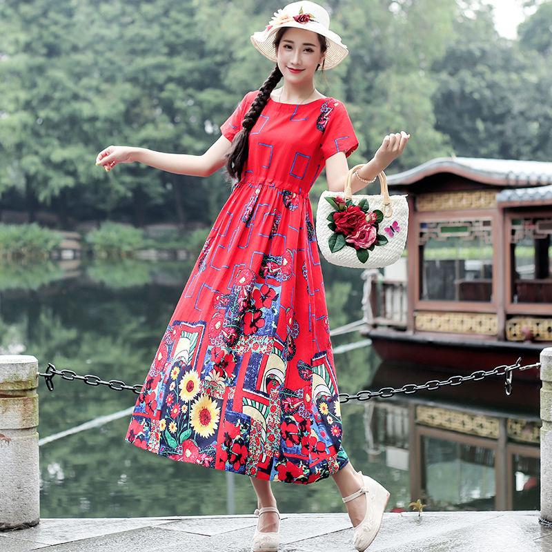 Women Ethnic Style Printed Dress Summer Loose Large Size Short-sleeved Literary Retro Waist Long Skirt