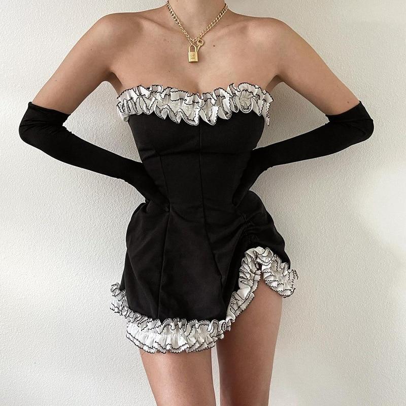 Summer Women's Sexy Wrapped Chest Stitching Ruffled Dress + Gloves