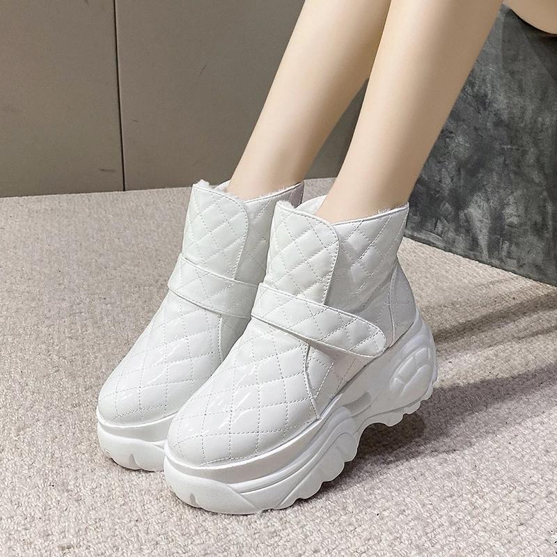 Platform Boots for Women Winter Shoes Black White Silver Patent Leather Snow Boots Ankle Booties Warm Chunky Flat Boots