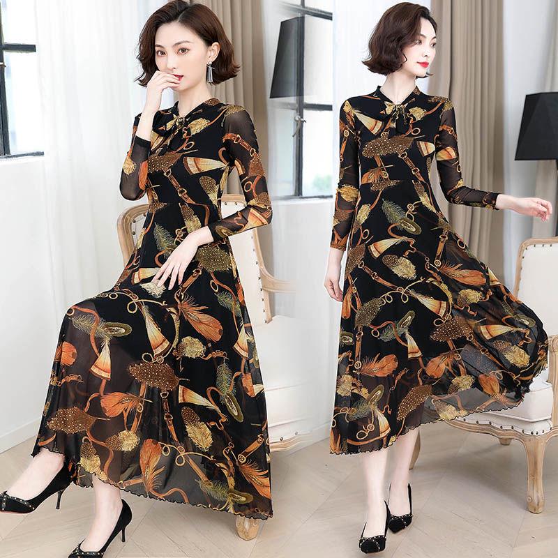 Fashion mesh yarn floral skirt spring and autumn woman long dress long sleeve dress women
