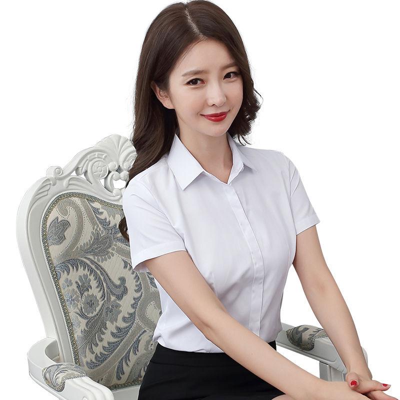 Summer V-neck Professional Shirts Women's Formal Short-sleeved Shirts Workwear Women's White-collar Overalls White Shirts