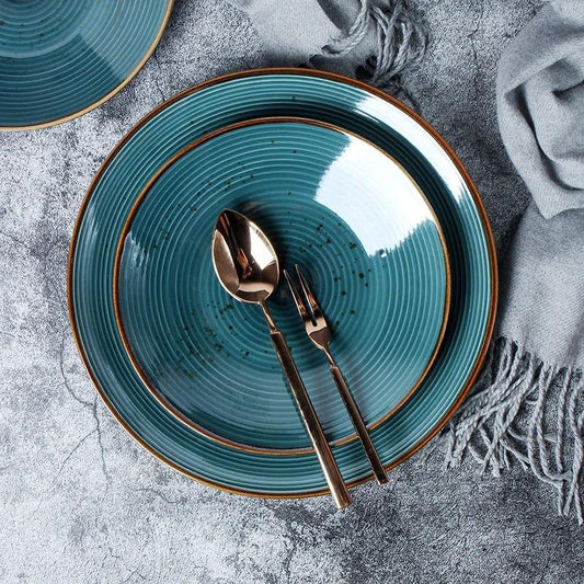 Nordic Style Simple Ceramic Plate Thread Pitted Household Dish Steak Plate Dark Green Salad Plate Disc