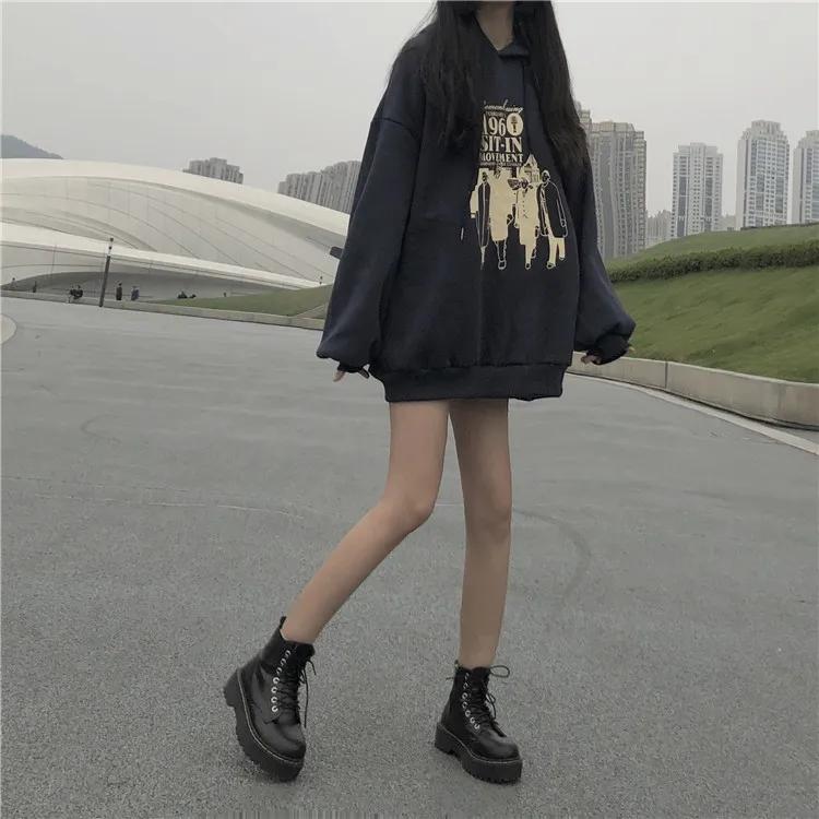 Women's Mid-Length Sweater Girl's Retro Thin Velvet Lazy Style Hooded Jacket Autumn and Winter Pullover Sweatshirts Casual Top