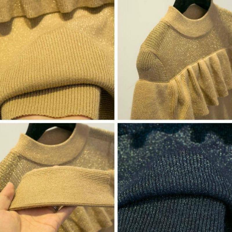 Bright Silk Ruffled Glitter Gold Thread Pullover Long sleeve Knitted Bottoming Sweater