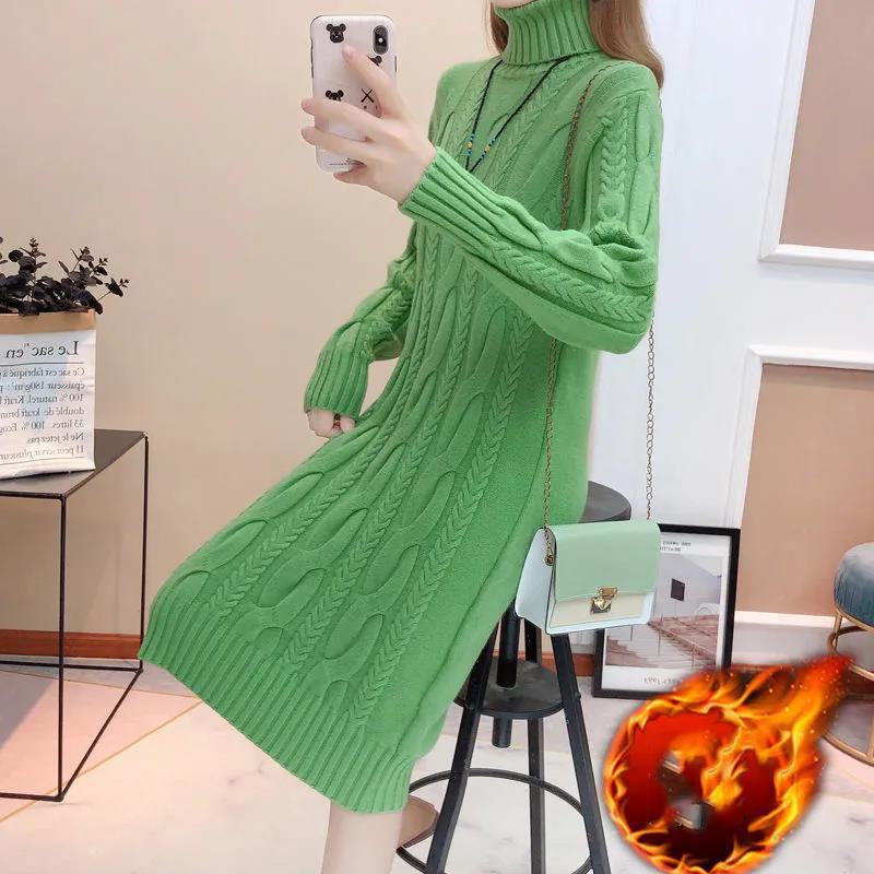 Spring and Autumn New Style Plus Velvet Padded High-neck Over-the-knee Sweater Women Loose Mid-length Knit Sweater and Long Dress