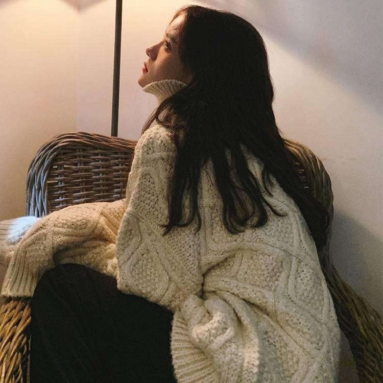 Pofulove Korean Solid Color Thick Turtleneck Female Autumn Winter Lazy Loose Twist Knitted Pullover