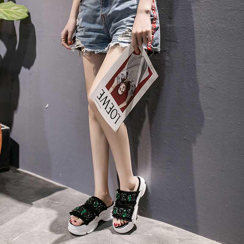 Size35-39 Summer Women Slippers Bohemian Beach Wear-resistant Non-slip Slippers Wedge Platform Rhinestone Sandals Outdoor Crystal High Heels