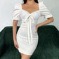 Retro Square Collar Dress Female Summer New Slim Slimming Bow Temperament Bubble Sleeve Bag Hip Skirt