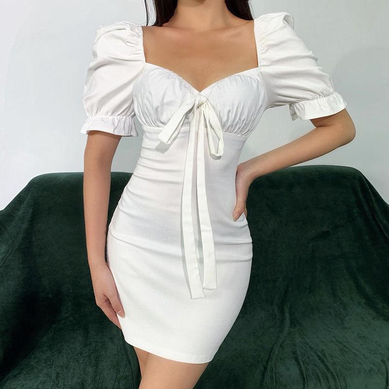 Retro Square Collar Dress Female Summer New Slim Slimming Bow Temperament Bubble Sleeve Bag Hip Skirt