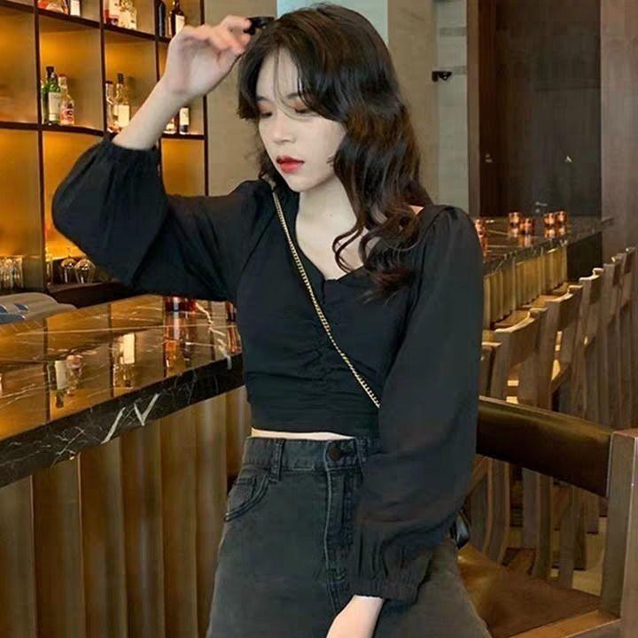 Puff sleeve T-Shirts for Women's Fall New White Solid Long Sleeve V-Neck Casual Harajuku Tops Female Tee