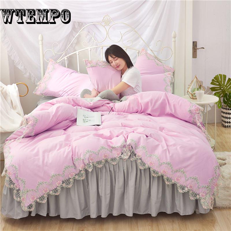 Princess Style Duvet Cover Set Cotton Bedding Sets Girls Cute Lace Bed Skirt Bedding Sets