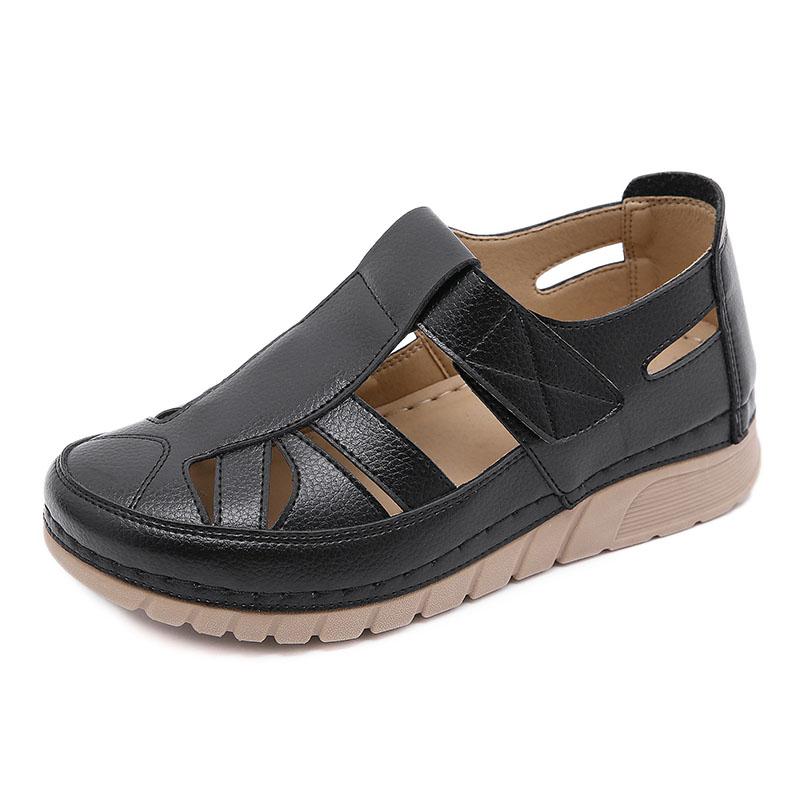 Office Ladies Spring Summer Large Size Breathable Flat Sandals Women's Autumn Solid Color Hollow Casual Leather Single Sandals