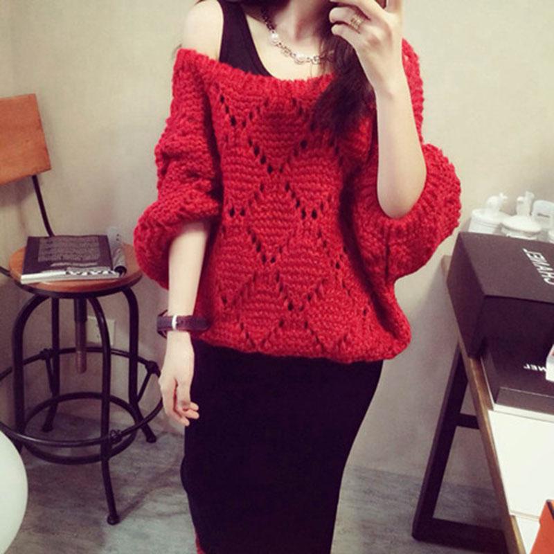 Spring and Autumn Hollow Knit Sweater Korean Loose Short Bat Sleeve Pullover Sweater