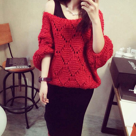 Spring and Autumn Hollow Knit Sweater Korean Loose Short Bat Sleeve Pullover Sweater