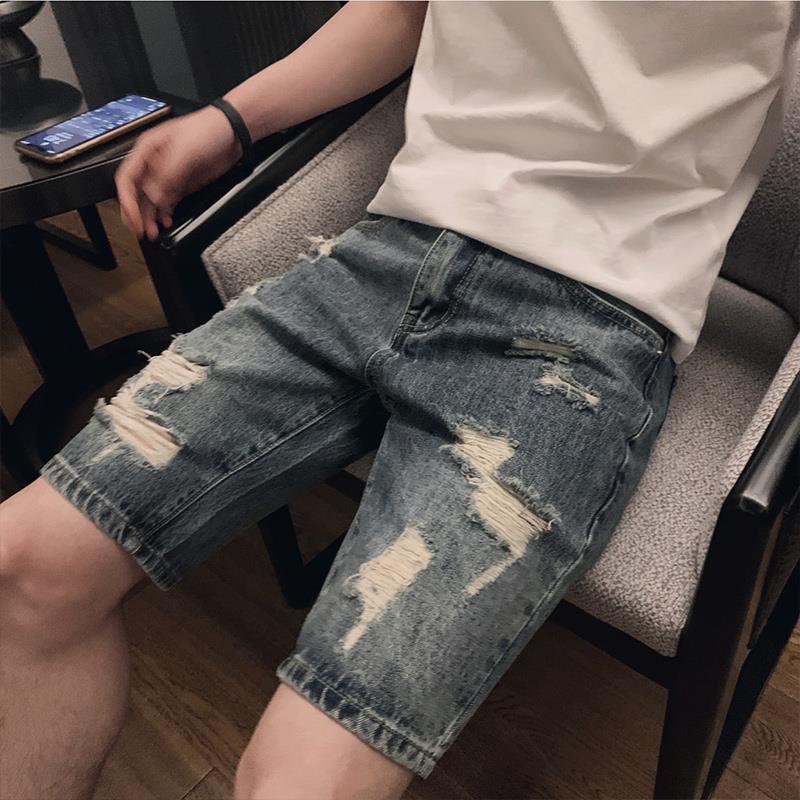 Summer Jeans Male Personality Fashion Ripped Five-point Denim Shorts Wild Handsome Pants