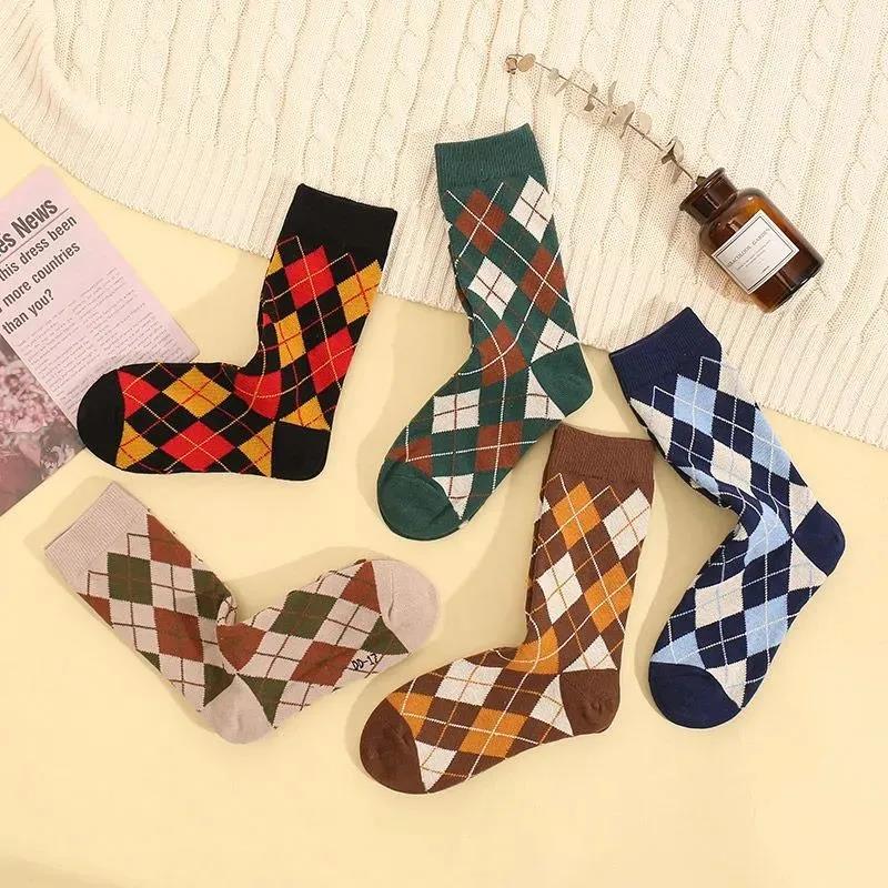 Six Pairs of Women's Socks Korean Fashion Plaid High Socks Autumn and Winter Retro Wild Pile Socks