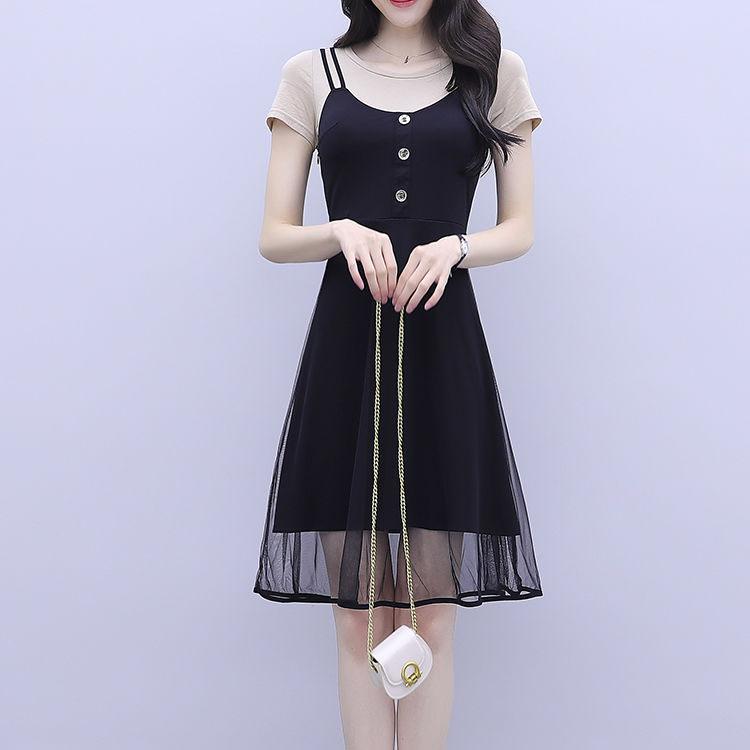 Women Summer Short Sleeve Mesh Patchwork Mid-length Slim Elegant Large Size Casual Dress