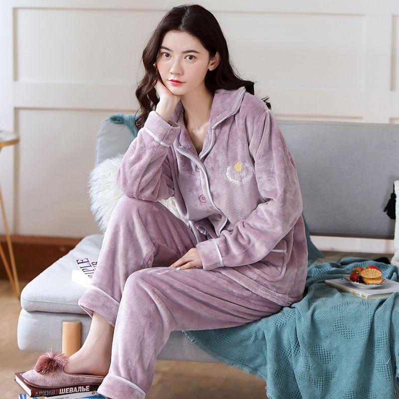 Pajamas Autumn Female Flannel Fabric Skin-friendly Soft Thickening Suit Spring Autumn Winter Cardigan Coral Fleece Cute Home Service