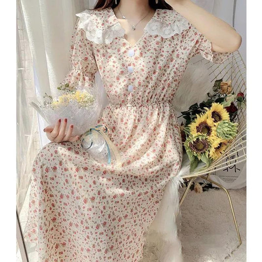 Chiffon Floral Dress Female Waist Is Thin, Temperament Gentle Wind Lace Stitching Princess Skirt Chiffon Long Dress Large Skirt