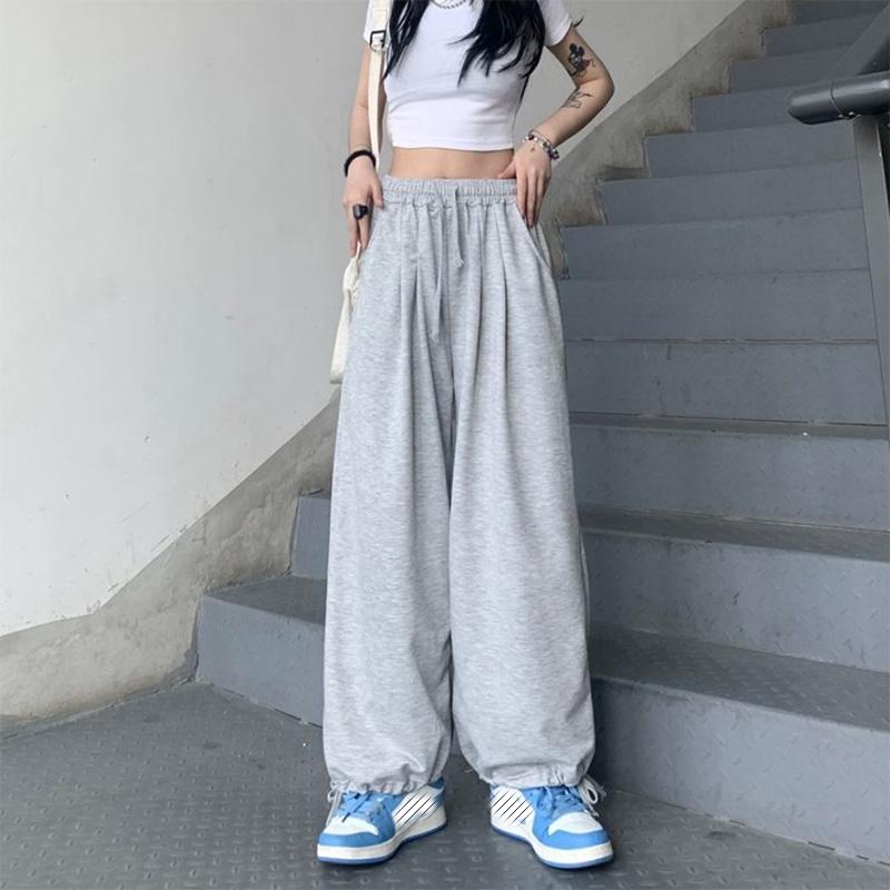Large Size Drawstring Bloomers Female Summer Student Solid Color Loose High Waist Casual Straight Wide Leg Sports Pants