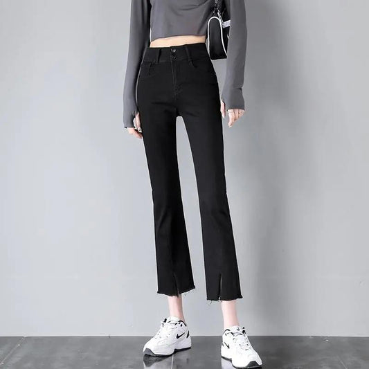 Flared Jeans Women's High Waist Slim Fit Spring Split Up Ninth Denim Pants Retro All Match Comfortable Breathable Jeans