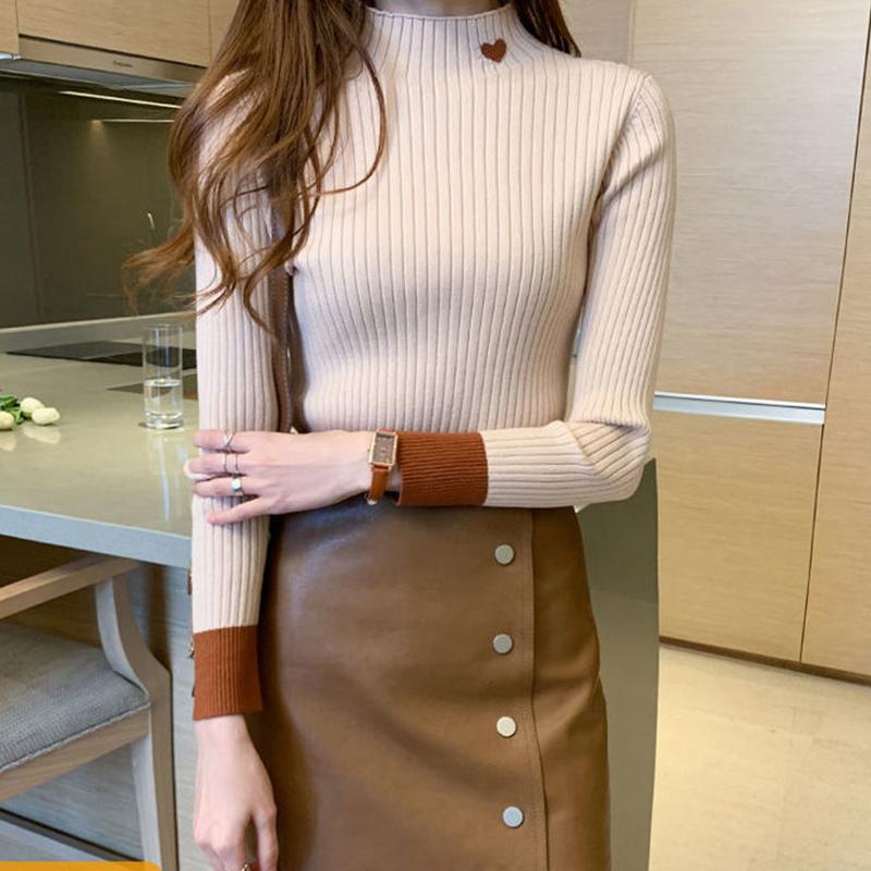 Autumn Winter Thick Sweater Women Knitted Pullover Sweater Long Sleeve Half Turtleneck Slim Jumper Soft Warm