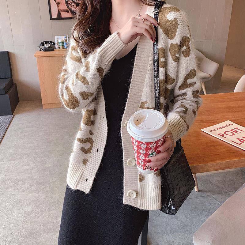 Knitted Cardigan Sweater Coat Korean Loose Leopard V-Neck Single-Breasted Student Sweater Jackets