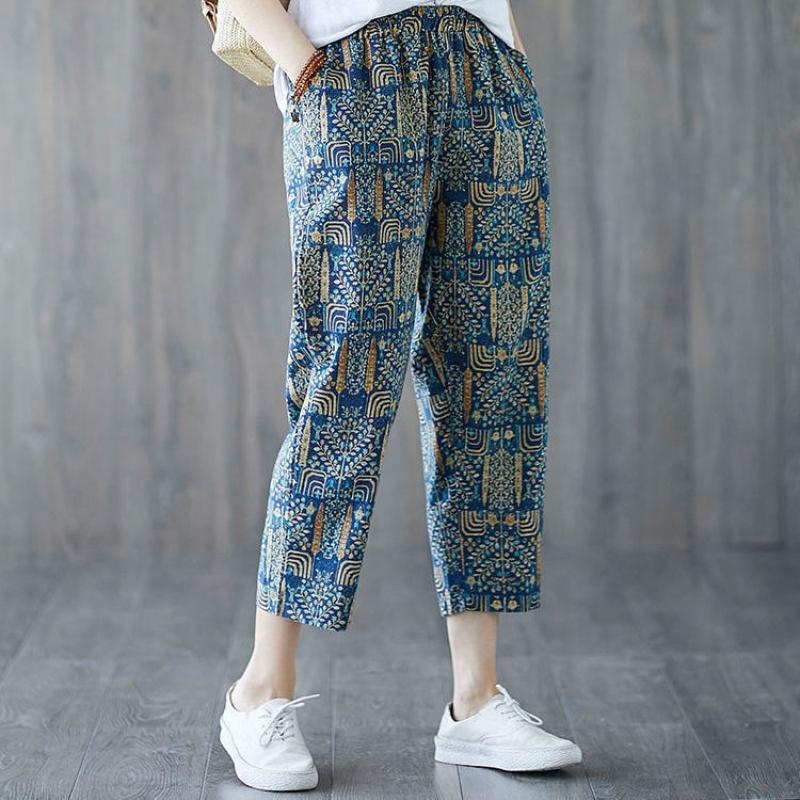 Spring and Summer Cotton and Linen Printed Cropped Trousers Large Size Loose Harem Pants Women Floral Temperament Casual Pants