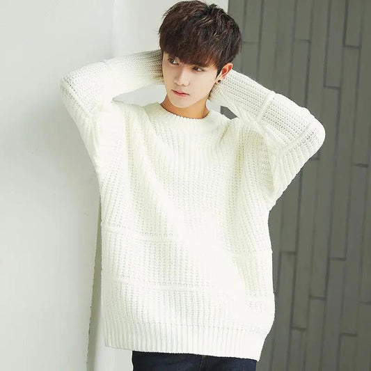 Fall Men's Sweater Trend Solid Color Loose Round Neck Sweater Men's Pullover Thick Line Long-sleeved Top