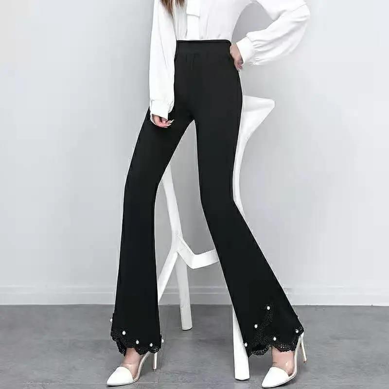 Slim Pants Women's High Waist Slimming Drape Beaded Black Slim Casual Trousers Spring Korean Fashion