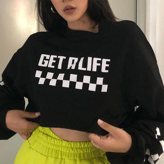 Solid Color Cotton Plaid Print Short Sports Sweater Women's High Waist Casual Fashion Top